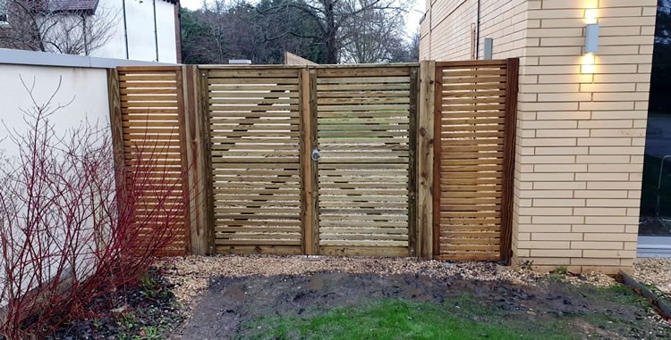 Slatted fence panels and matching gates